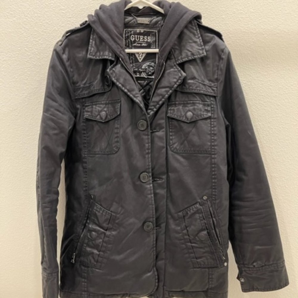 Men GUESS Coated Fabric Leather Hooded Jacket, Bomber Jacket, Black, Small